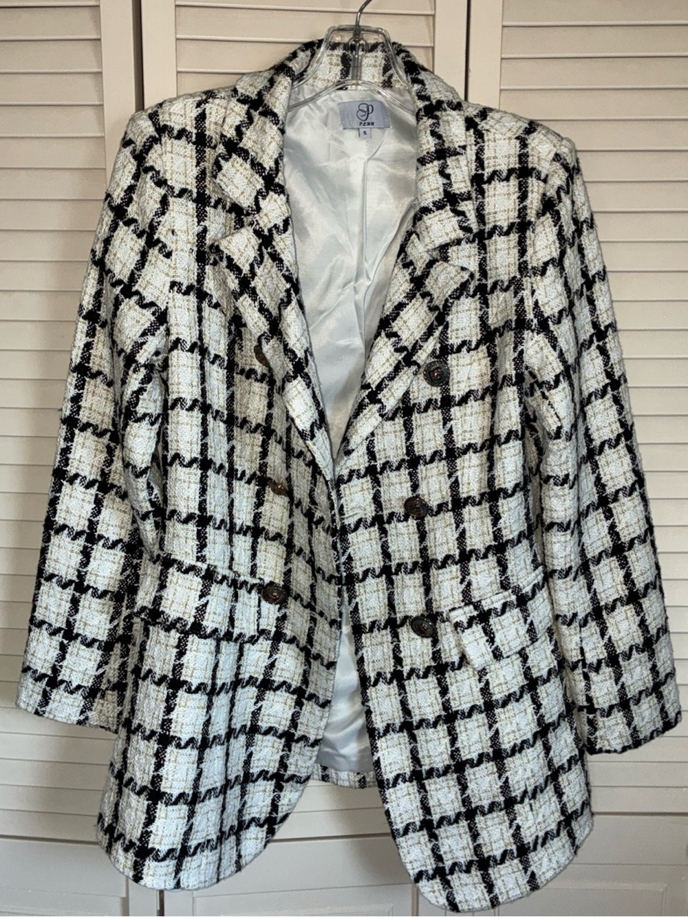 PLMM-Houndstooth Blazer Jacket Double Breasted White/Blk Weave Notch Lapel Sz Sm
